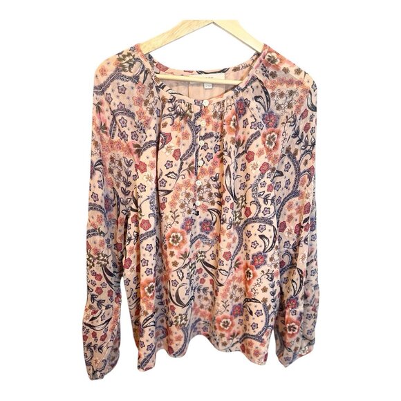 Loft Bloom Bubble Sleeve Henley Top XL Floral Lined Pink Round Neck Buttons - Picture 2 of 6